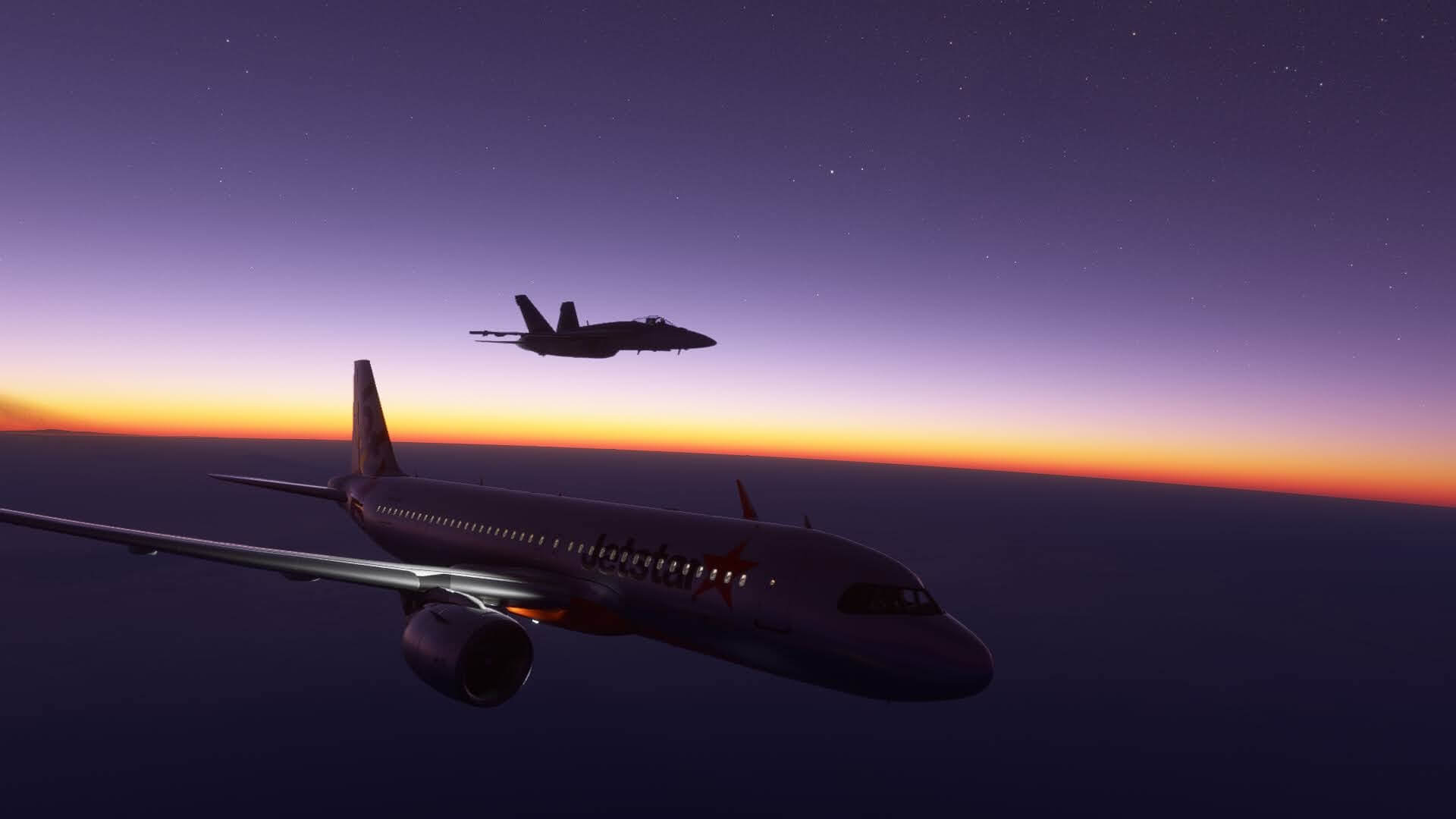 A jet escorts a larger plane at dusk.