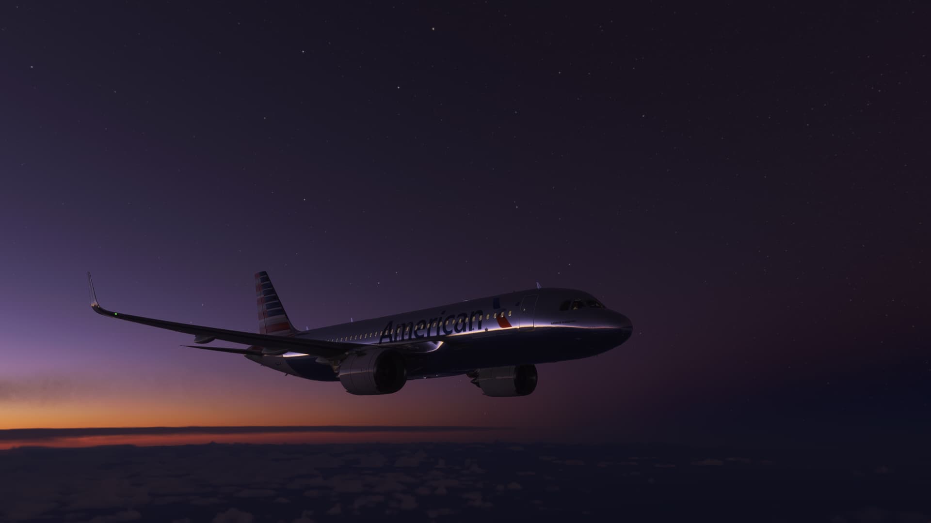 A plane flies away from the nearly set sun.