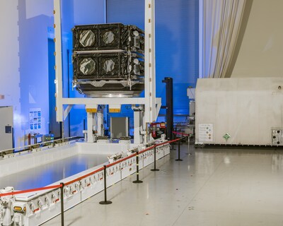 O3b mPOWER F9 and F10 stacked and being prepared for shipment. (Boeing photo by Jesus Carreno) O3b mPOWER F9 and F10 stacked and being prepared for shipment. (Boeing photo by Jesus Carreno)