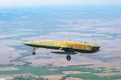 The first operational U.S. Navy MQ-25A Stingray soars over southern Illinois during a successful two-hour first flight on April 25. (Boeing Photo by Eric Shindelbower)